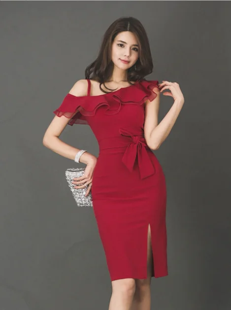 Summer High Waist Tight Sexy Single Side Strap Ruffle Simple Red Elegant Party Dress