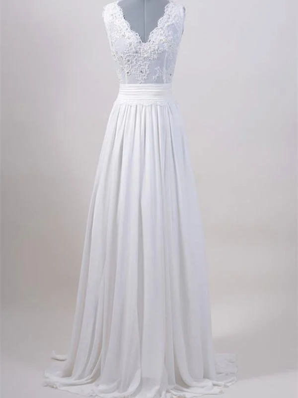 A-line V-neck Sweep Train Chiffon Lace Beaded Wedding Dresses ABC00012