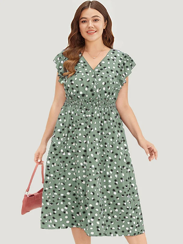 Allover Print Pocket Wrap Flutter Cap Sleeve Dress