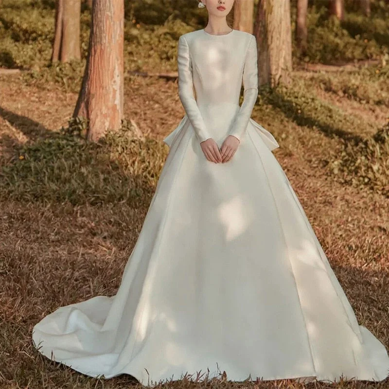 Cinessd  fashion inspo    Temperament Stain A-Line Wedding Dress Long Sleeves Back Bow O-Neck Bride Gown 2023 Women Princess Full Hemline Vestido De Noiva