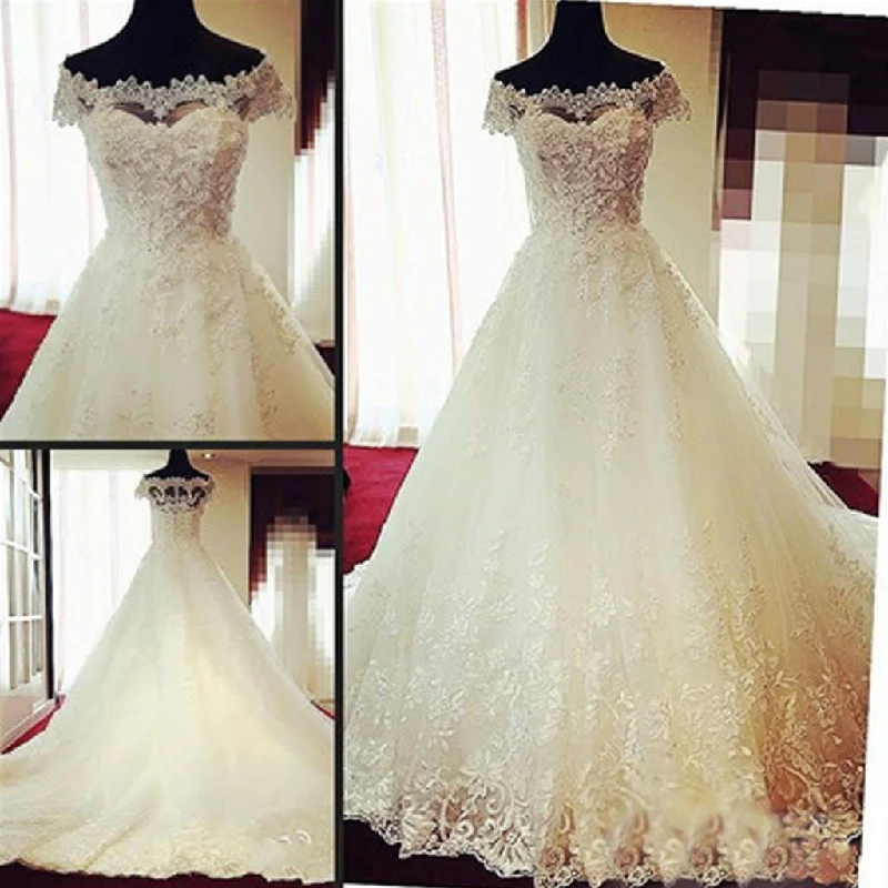 Gorgeous Off Shoulder Cap Sleeve Vantage Lace Wedding Party Dresses, Dresses For Wedding, WD0004