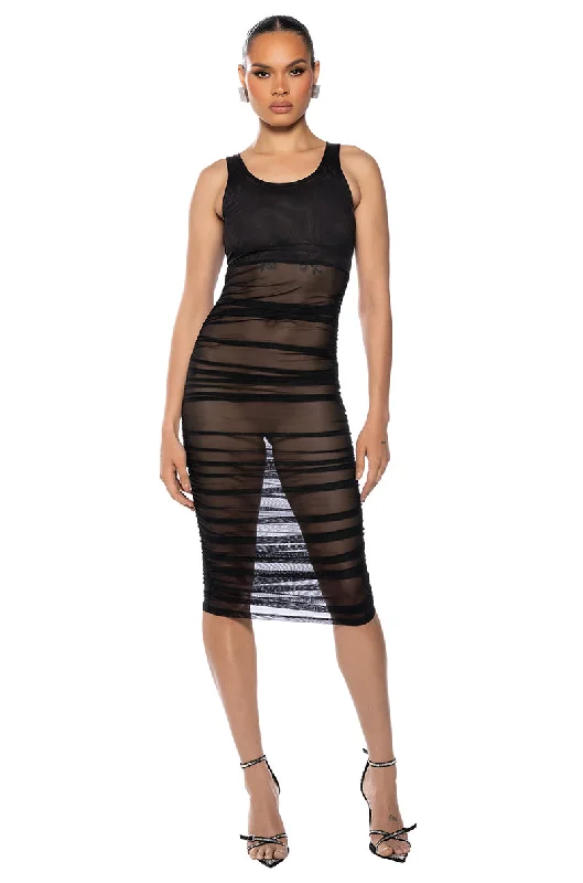 ECHO MESH RUCHED SLEEVELESS MIDI DRESS IN BLACK