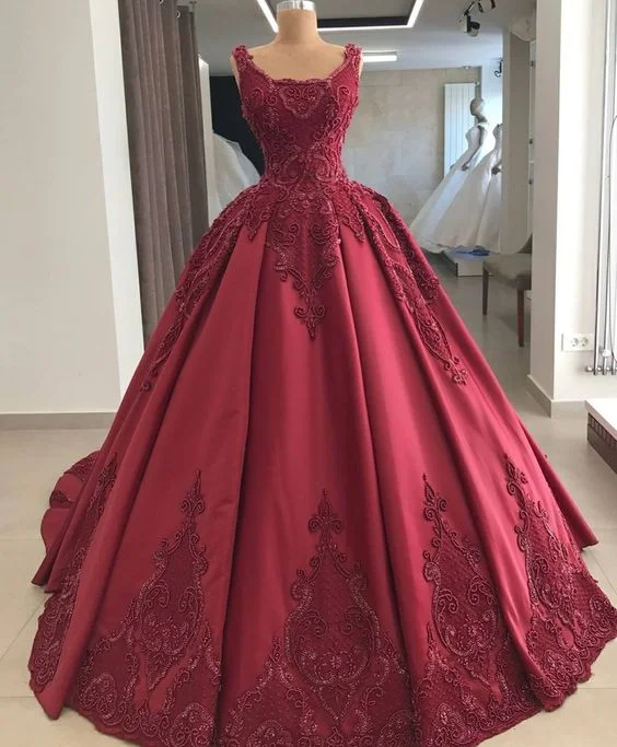 Elegant burgundy wedding dress lace long sleeves ball gown for women prom dress, evening dress C2088