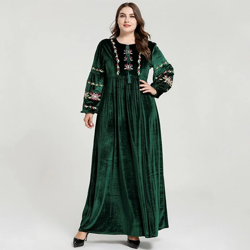 Elegant Muslim Long Dress Botanical Embroidery Drawstring Swing Velvet Women Maxi Dresses Fashion Plus Size Green Autumn Winter