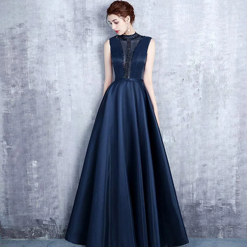 Elegant Women Good Quality Satin Fabric Floor Length Sleeveless Evening Party Dress