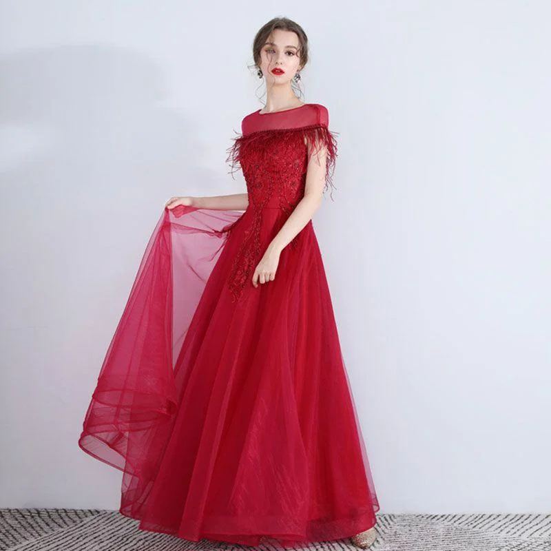 Fashion Unique Feather Edging Portrait Design Floor Length Evening Party Dress