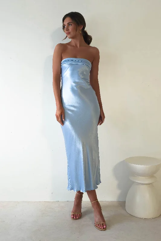 Lucia Soft Satin Slip Midi Dress Blue