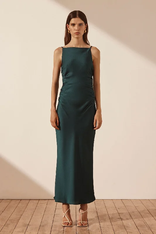 LUXE HIGH NECK RUCHED MIDI DRESS - EMERALD