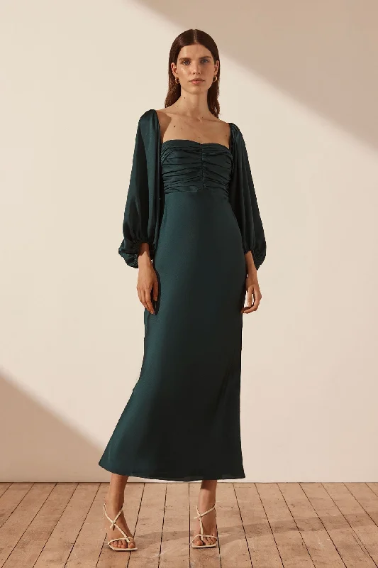 LUXE RUCHED BODICE LONG SLEEVE MIDI DRESS - EMERALD