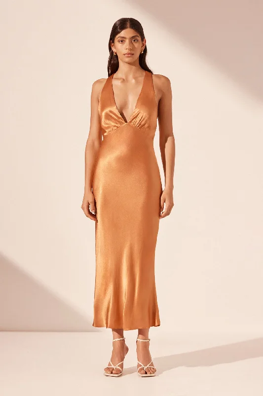 LYDIE PLUNGED CROSS BACK MIDI DRESS - GOLDEN OAK