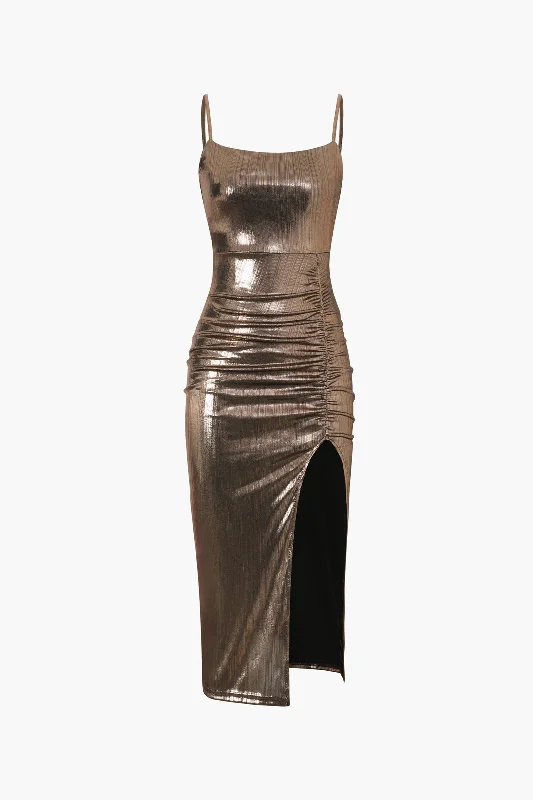 Metallic Ruched Slit Midi Dress