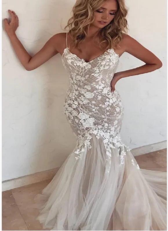 Spaghetti Straps Mermaid Wedding Dress With Train , Lace Tulle Prom Dress C2017