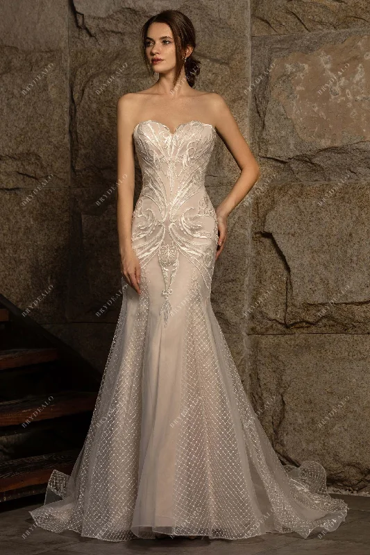 Designer Sweetheart Strapless Lace Nude Mermaid Wedding Dress