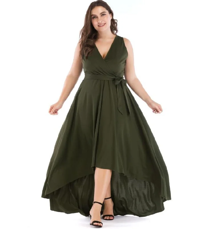 Woman Plus Size 5xl Dress 2019 Summer Sleeveless Deep V Neck Drawstring Olive Green Long Dress Evening Party Maxi Dress Vestidos