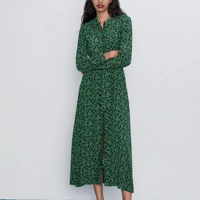 Women Long Dress Autumn 2019 New Fashion Floral Green Prints Vestidos Full Sleeve Modern Lady  Maxi Dresses