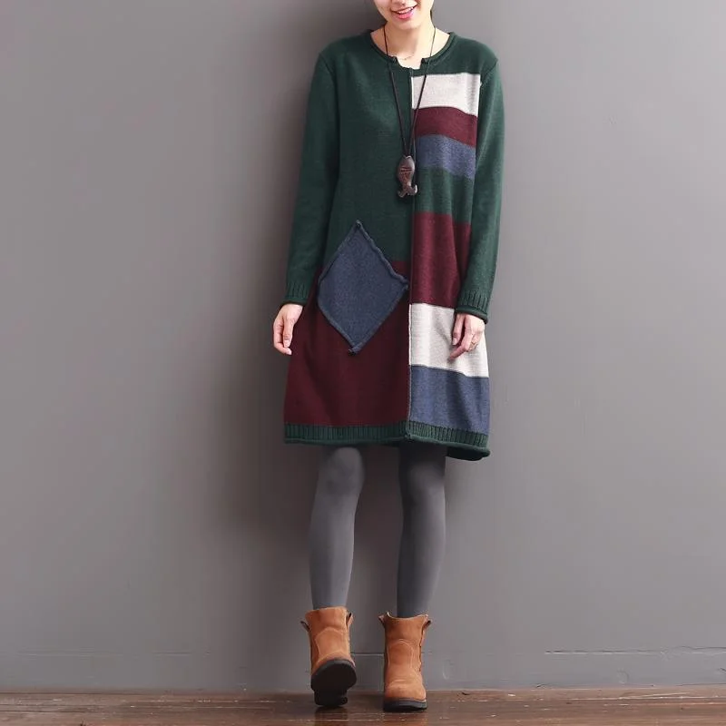 winter blackish green patchwork knit dresses long sweaters