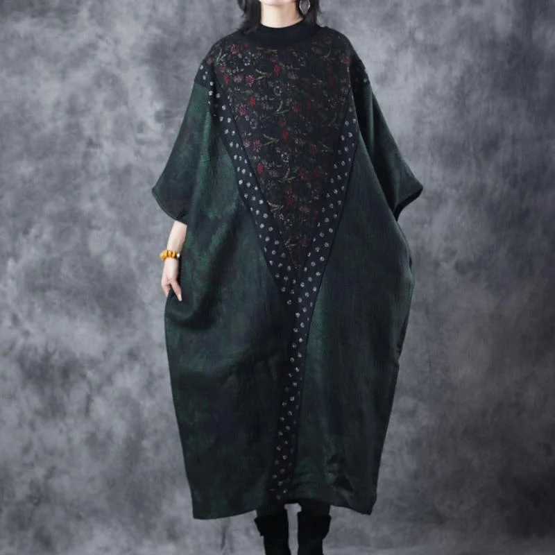 2018 blackish green knit dress Loose high neck sweater patchwork pullover sweater