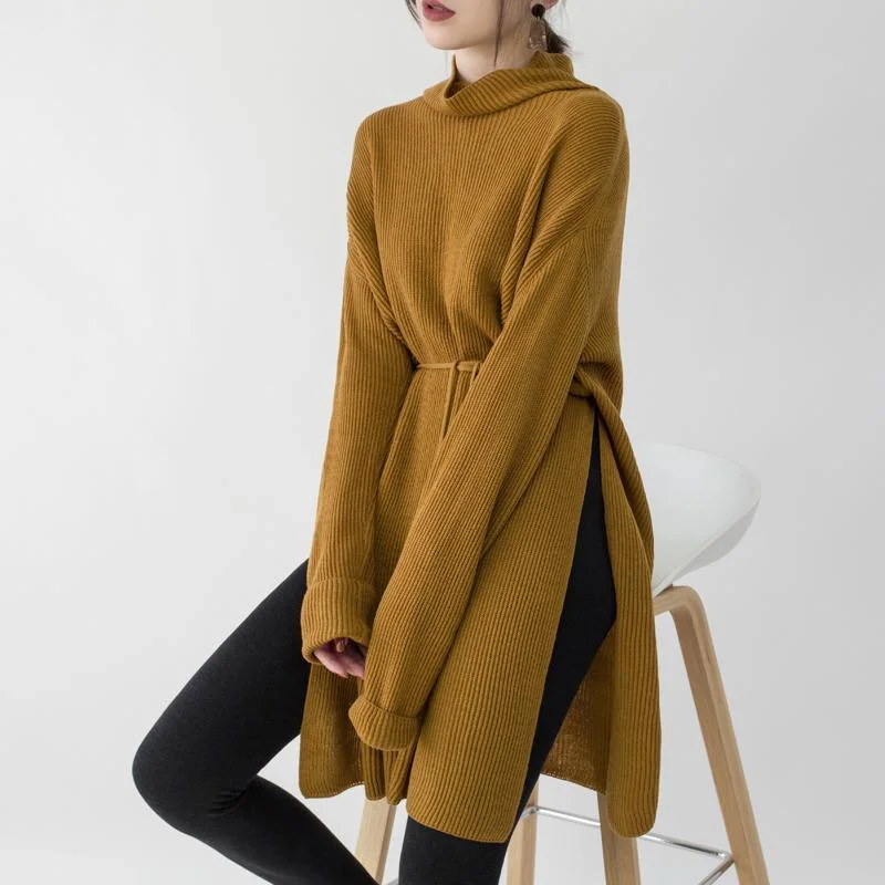 2018 yellow knit dresses Loose fitting high neck side open winter dresses boutique tie waist long knit sweaters