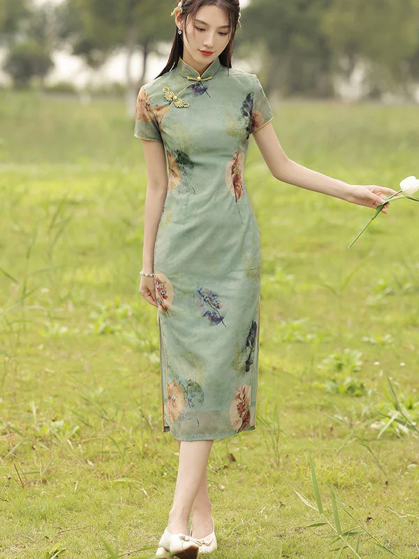 2021 Green Printed Modern Cheongsam Qi Pao Dress