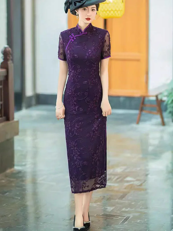 Purple Red Floral Velvet Qipao Cheongsam Dress