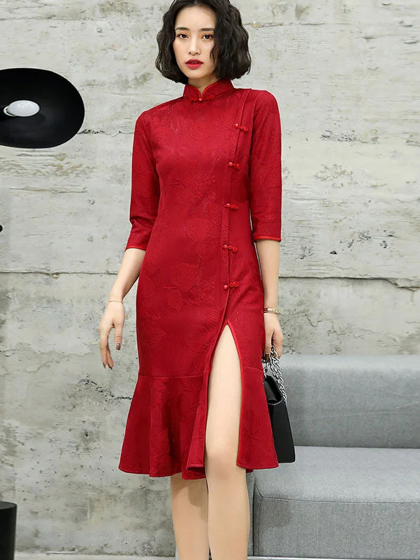 2021 Winter Red Frill Hem Qi Pao Cheongsam Dress