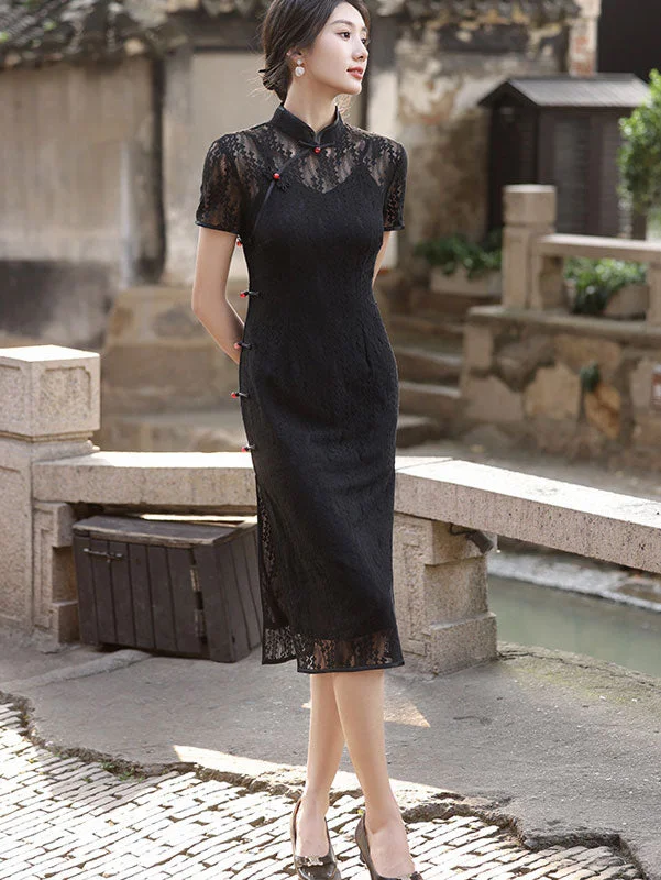 Black Lace Illusion Shoulder Modern Cheongsam Qi Pao Dress