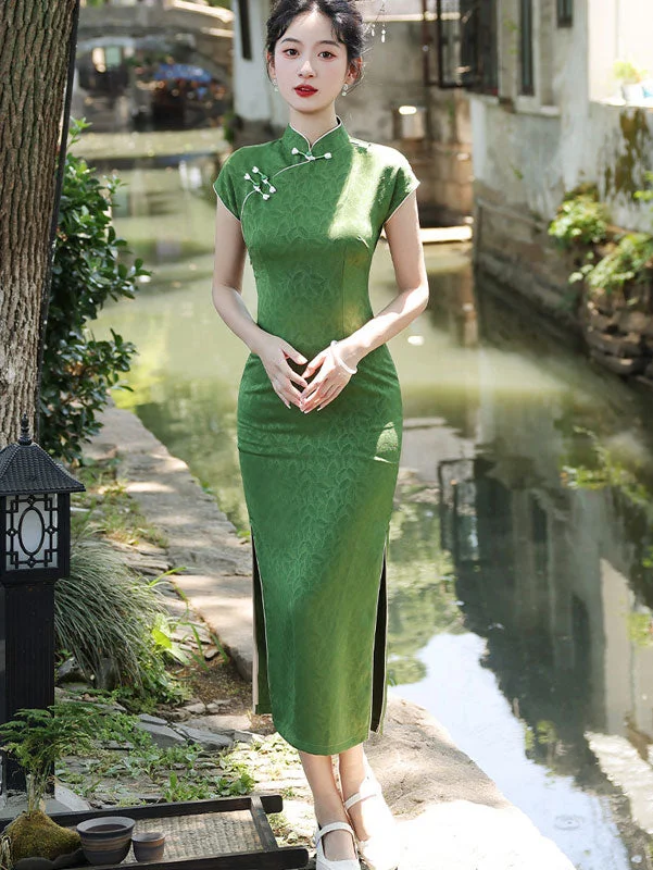 2024 Green Leaf Jacquard Qipao Cheongsam Dress