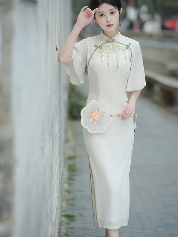 2023 Embroidered Chiffon Bell Sleeve Cheongsam Qi Pao Dress