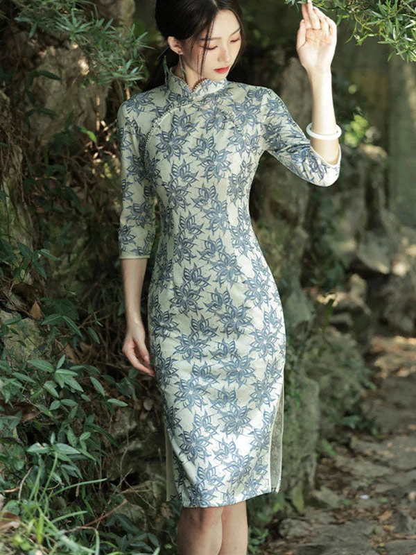 2022 Winter Blue Floral Lace Mid Qi Pao Cheongsam Dress