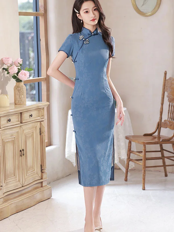 2023 Blue Floral Mid Cheongsam Qipao Dress