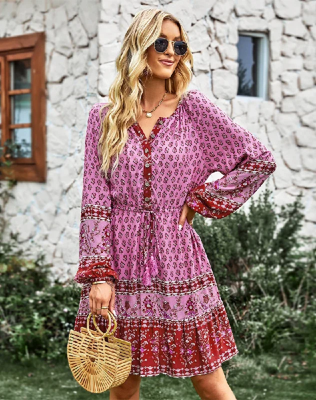 Bohemian Red Fuchsia Floral Print Buttoned Front Dress  (Size S to XL)