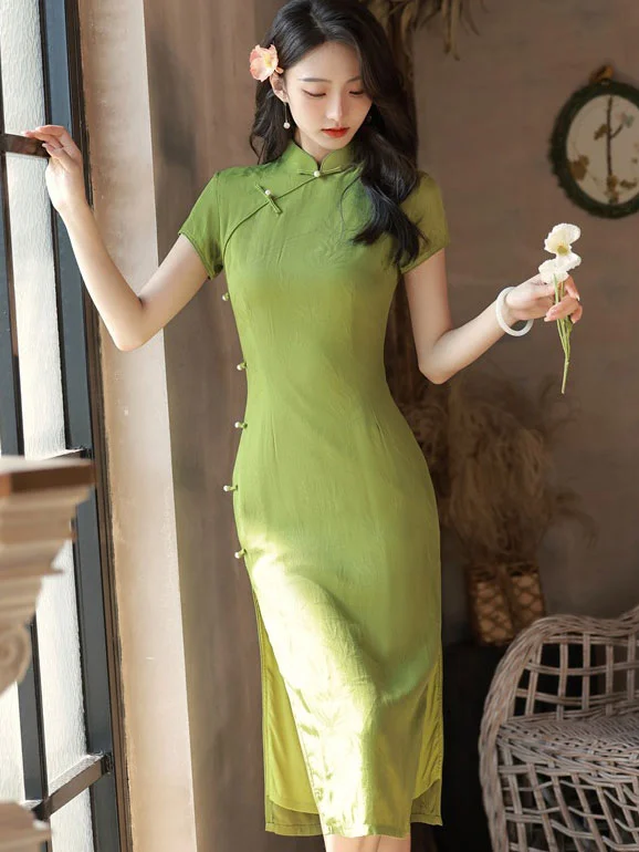 2023 Green Bamboo Mid Modern Cheongsam Qipao Dress