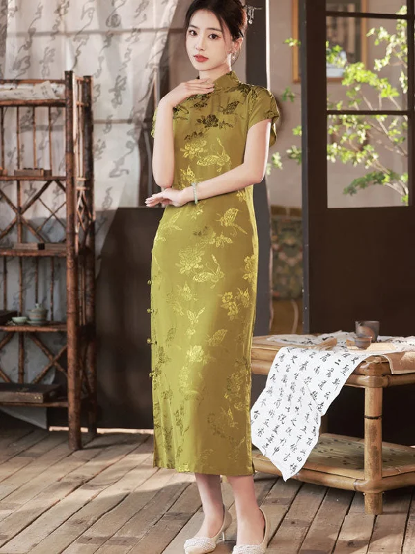 2023 Green Jacquard Butterfly Cheongsam Qipao Dress