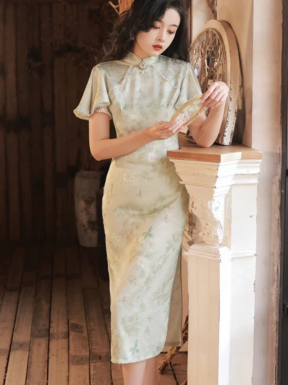 2023 Green Jacquard Flutter Sleeve Cheongsam Qipao Dress