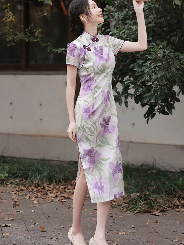 2023 Purple Floral Mid Tea Cheongsam Qipao Dress