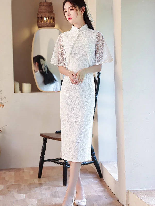 2023 White Lace Mid Cheongsam Qipao Dress with Shawl