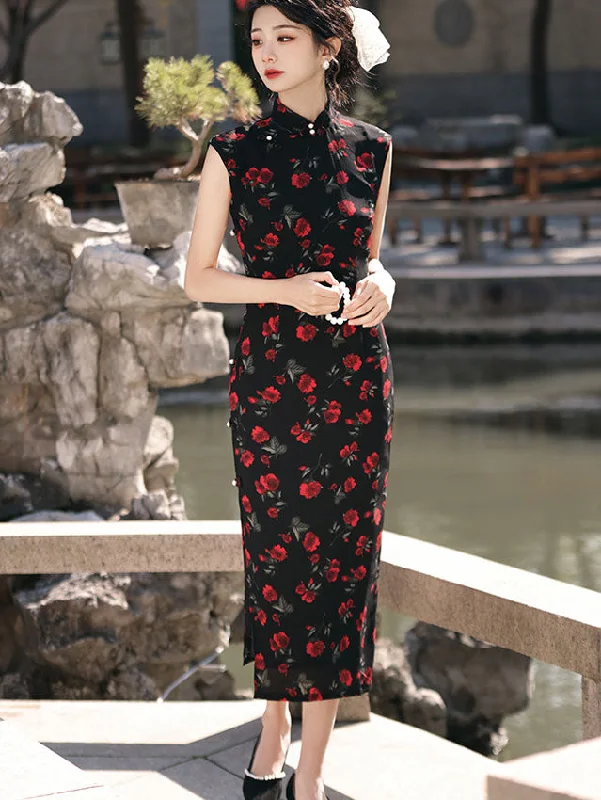 2024 Black Rose Print Cheongsam Qipao Dress