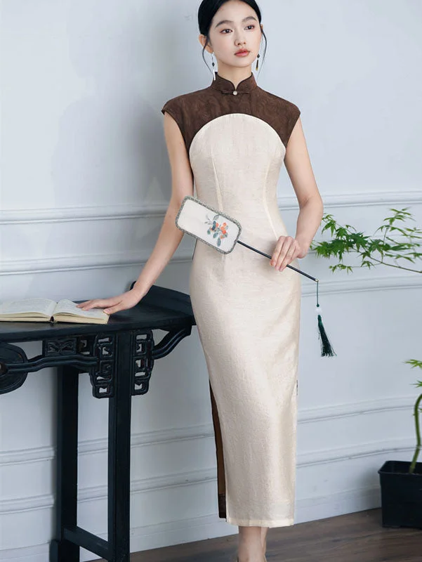 2024 Colorblock Linen Cheongsam Qipao Dress