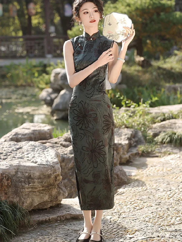 2024 Green Floral Print Cheongsam Qipao Dress