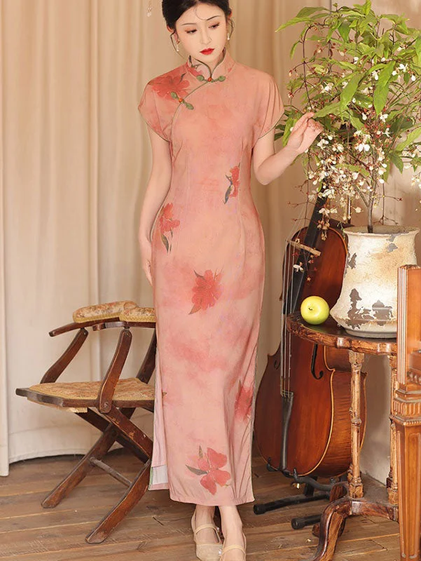 2024 Pink Floral Print Cheongsam Qipao Dress