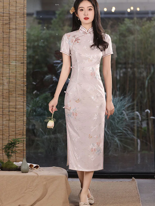 2024 Pink Jacquard Floral Cheongsam Qipao Dress