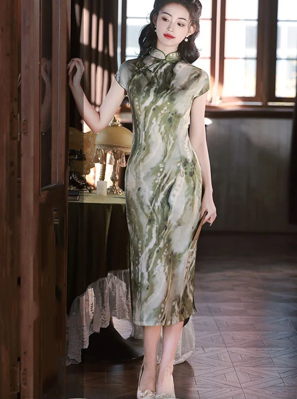 2024 Summer Green Printing Cheongsam Qipao Dress