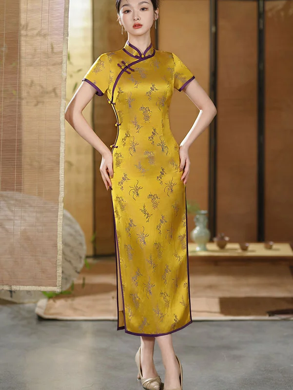 2024 Yellow Jacquard Floral Cheongsam Qipao Dress