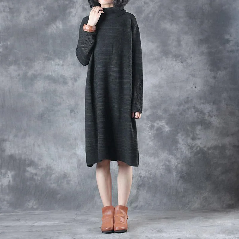 autumn gray hollow out casual knit dresses oversize high neck women sweater mid dress