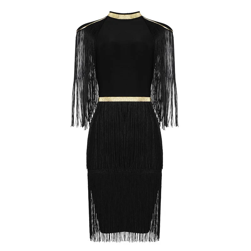 Roxy Black And Gold Bandage Dress With Tassels