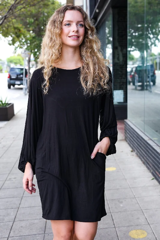 Black Bubble Sleeve Pocketed Dress