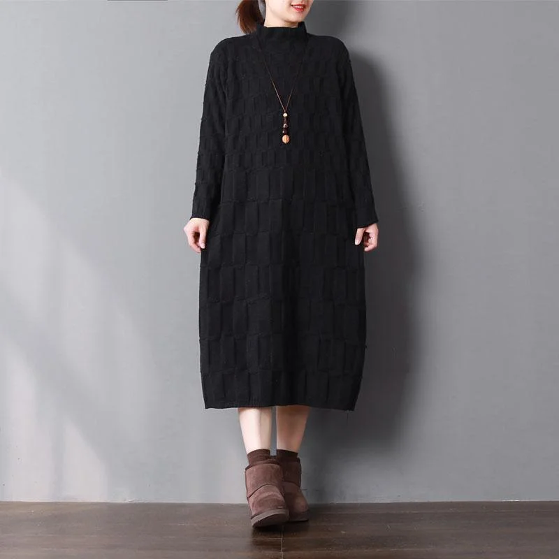 Black Knit Dresses Oversize High Neck Winter Dresses Baggy Long Knit Sweaters