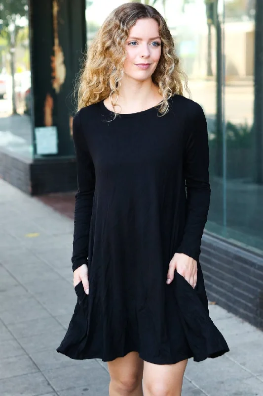 Classic Elegance Black Long Sleeve Shift Knit Dress (Open Pack)