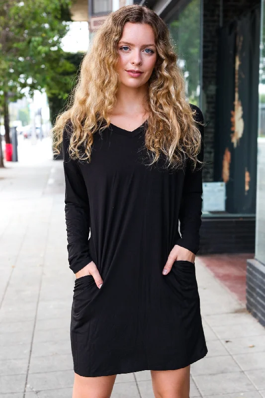 Black Rayon Pocketed Dress