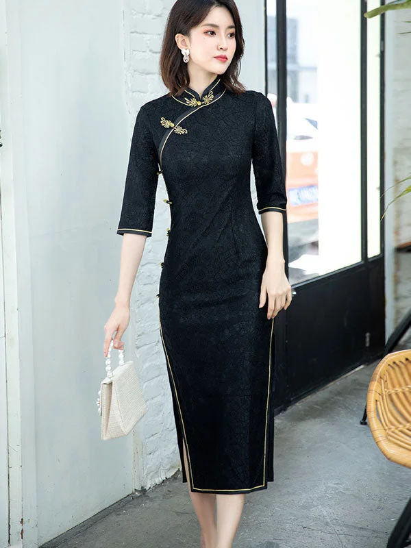 Black Red Lace Tea-Length Cheongsam Qi Pao Dress